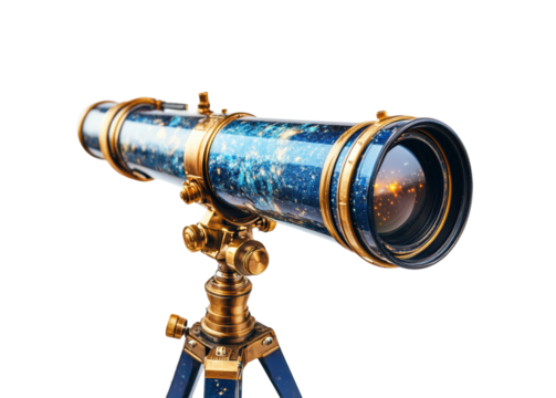 Elegant vintage telescope with golden accents and blue body, antique astronomical instrument on a tripod stand, luxurious decorative optical tool, isolated on transparent background