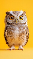 Obraz premium A comical owl stands upright with wide, surprised eyes, bringing an air of curiosity and playfulness. This delightful creature showcases its soft feathers and enchanting personality, exuding charm