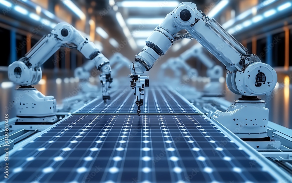 Poster robotic arms assembling solar panels in a hightech manufacturing facility, with bright lighting high