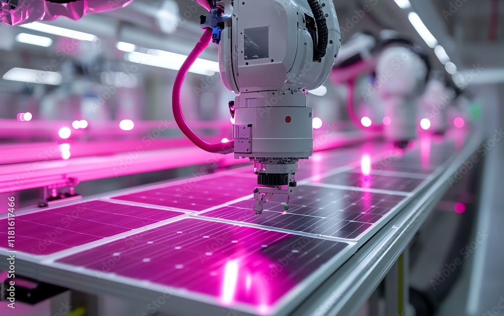 Poster robotic arms assembling solar panels in a hightech manufacturing facility, with bright lighting high