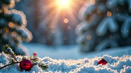 beautiful winter landscape with a warm sunset illuminating the snowy scenery, soft light creating an inviting atmosphere, featuring significant empty space for text and a serene feeling of peace. conc