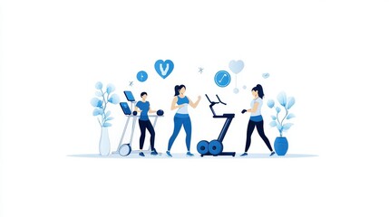 A  design of a group of people participating in a fitness session at a modern clinic, with professional trainers and a clean environment, on a white background.