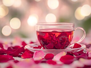 A clear glass teacup filled with red tea, surrounded by soft pink and red rose petals.