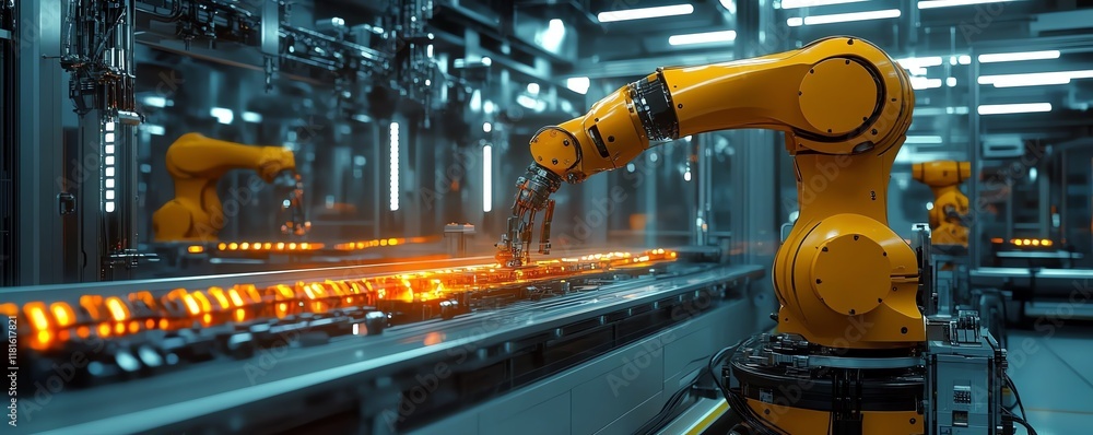Poster robotic arms in a hightech industrial factory, performing precise tasks with advanced machinery and 