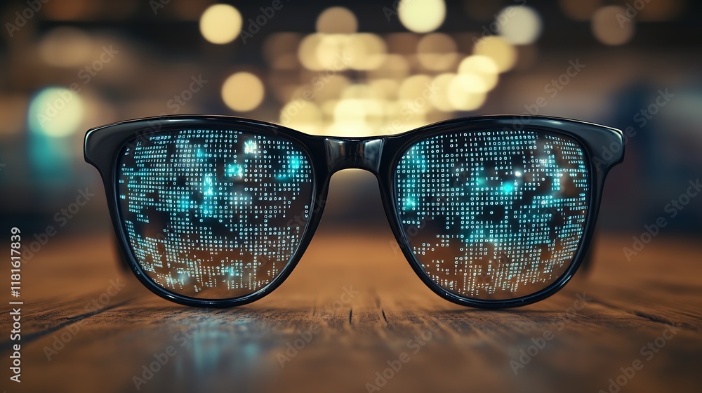 Poster Sunglasses with Glowing Digital World Map Reflection Depicting Global Connectivity : Generative AI