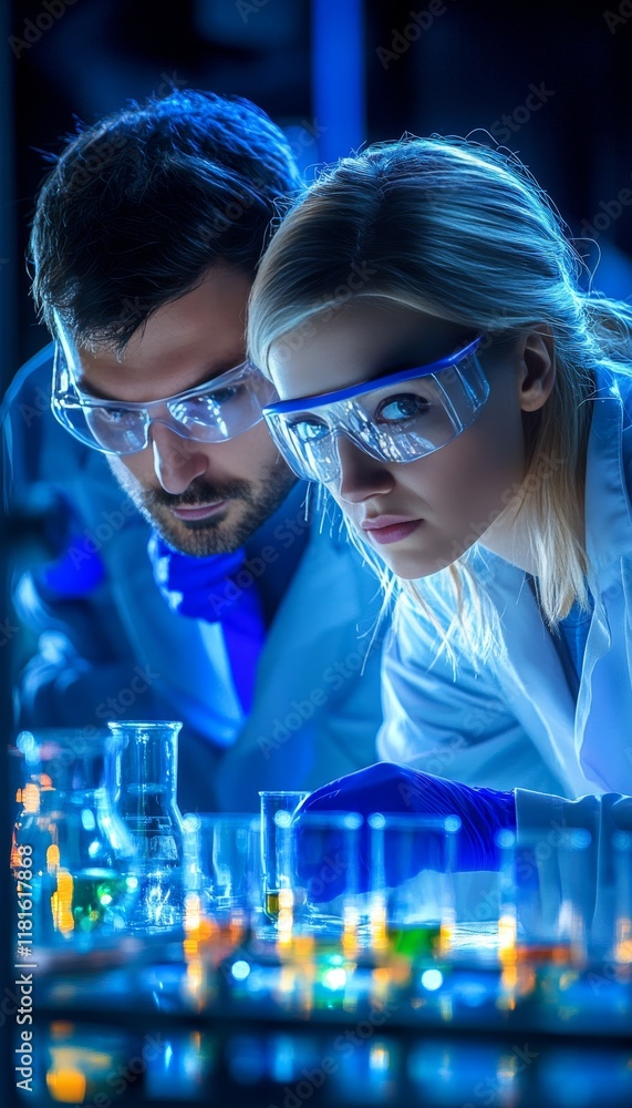 Poster focused scientists in a modern laboratory setting, collaborating on research with copy space