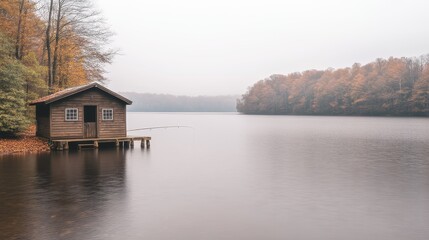 Autumnal Lake Cabin Solitude Peaceful Misty Morning