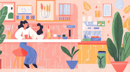 A woman cooks at a kitchen counter, surrounded by greenery and bright colors