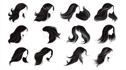 Obraz premium A collection of elegant black and white illustrations of women's hairstyles, showcasing various lengths and styles.