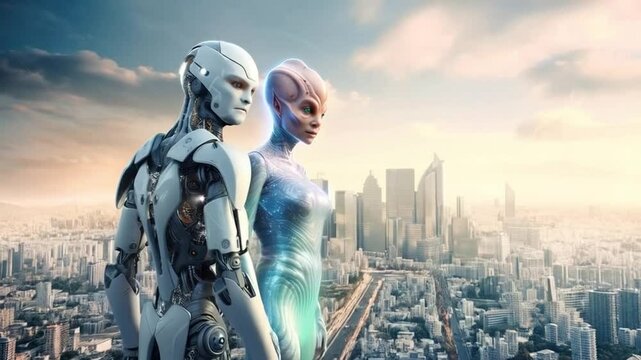 Android and Alien overlooking futuristic Cityscape at Dawn