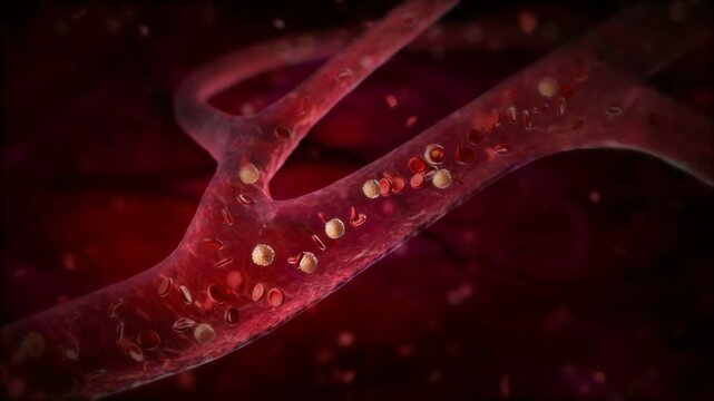 Red blood cells flowing down in vain or artery. HD
