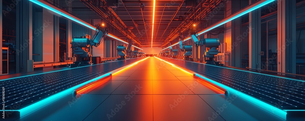 Poster robotic arms working on the assembly line in a hightech solar panel manufacturing facility, illumina