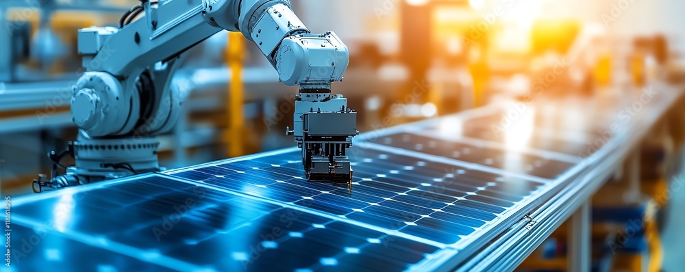 Poster robotic assembly line in a solar panel manufacturing facility, featuring hightech automation and pre