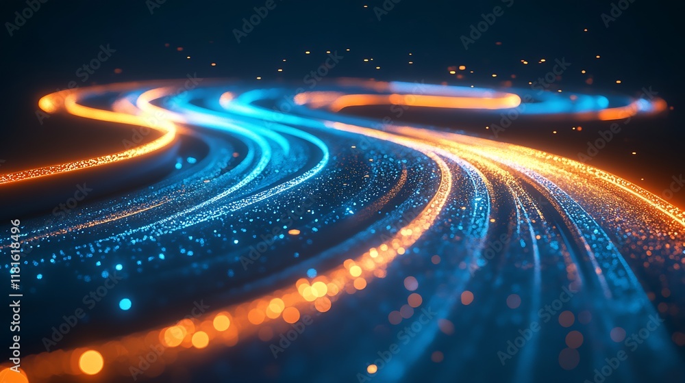 Poster Illuminated Orange and Blue Light Trails Creating Futuristic Flow : Generative AI