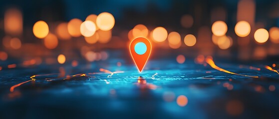 A glowing location pin on a city map, surrounded by a blue and orange color scheme with blurred lights in the background.