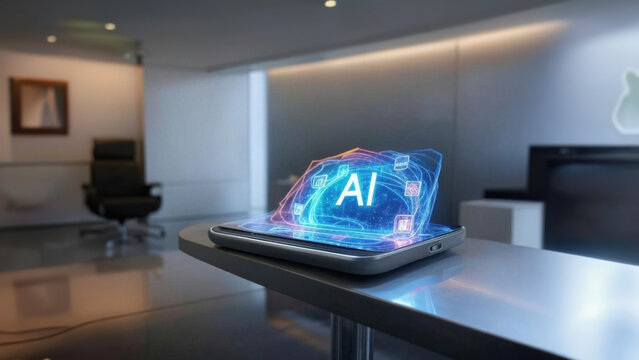 Futuristic mobile with AI agents projecting a holographic interface