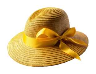 Stylish straw hat with yellow ribbon bow, elegant summer sun hat, woven accessory for beach and vacation, fashion design isolated on transparent background