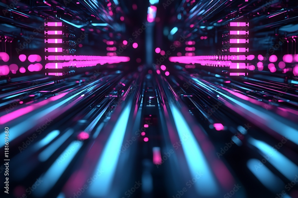 Poster neon cyber corridor with dynamic pink and blue lights and futuristic energy flow : generative ai