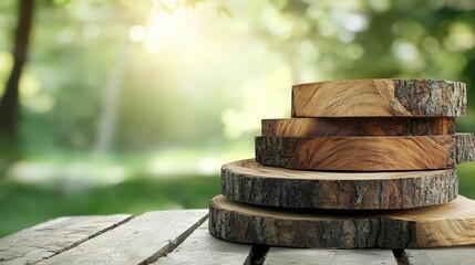 forestry industry concept. Stacked wooden logs on a table with a lush green background and soft sunlight.
