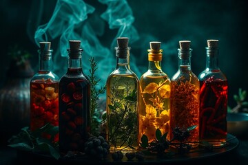 Herbal infused bottles with smoke on dark background