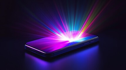A smartphone emitting a vibrant, colorful light beam, with shades of purple, blue, and pink, 