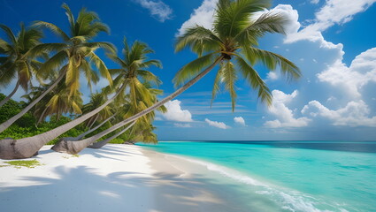 Stunning Tropical Beach with Swaying Palm Trees and Clear Waters