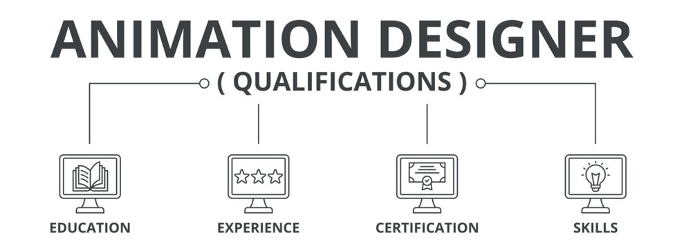 Animation designer qualifications with education, experience, certification, skills, icon concept illustration