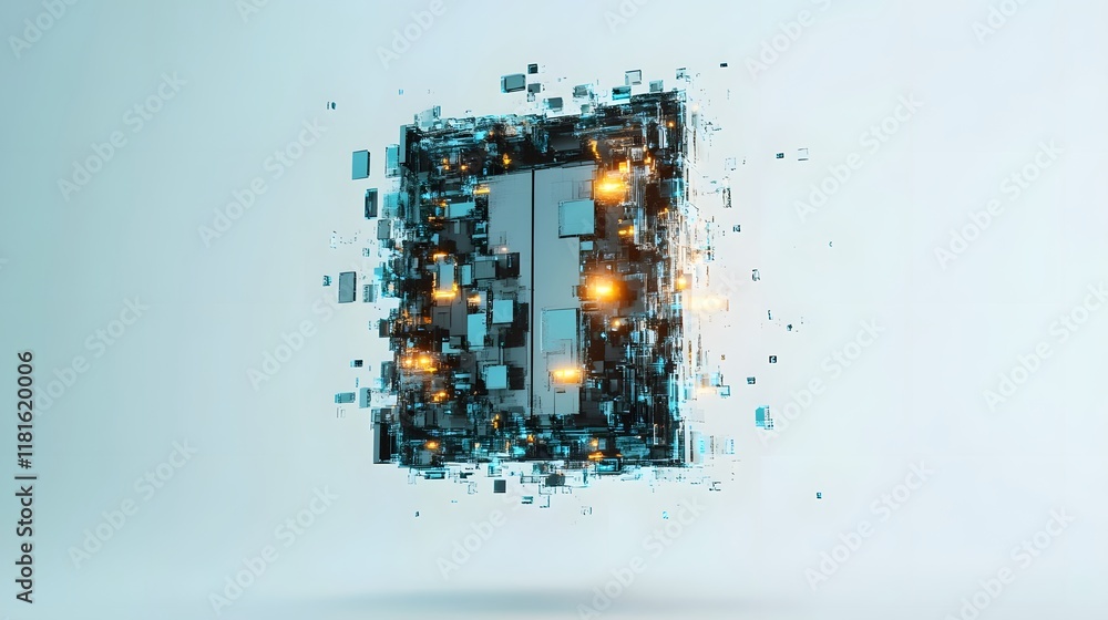 Aufkleber a digital number one composed of fragmented cubes and glowing elements, symbolizing innovation.