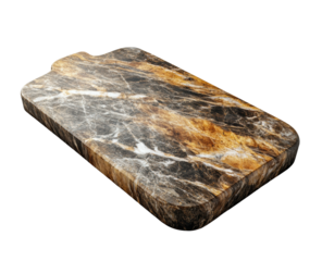 Luxurious marble cutting board with elegant natural brown and white stone texture, kitchen decor and countertop accessory design isolated on transparent background