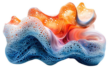 A vibrant and abstract wave of colorful foam, showcasing a blend of orange, blue, and white hues in an artistic swirl.