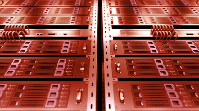 Dta servers while working. LED lights are flashing. Video can represent cloud computing, information storage, etc. Perfect technology background. Loopable.
