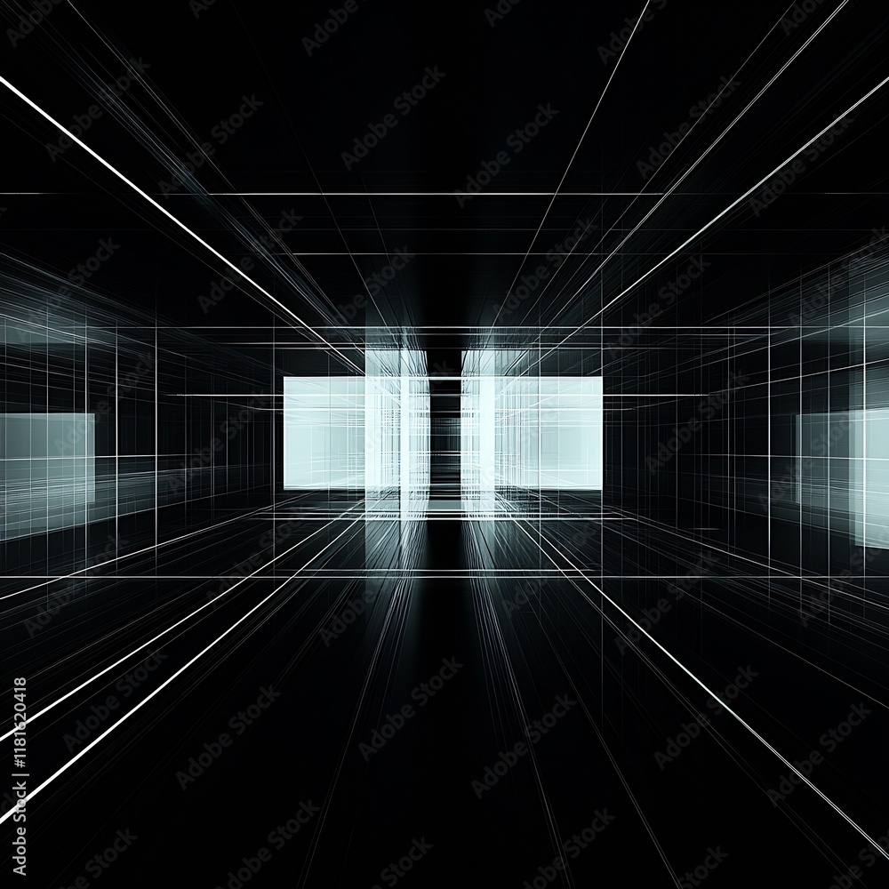 Poster Cutting-Edge Digital Corridor Art with High-Tech Geometric Symmetry and Glowing Spatial Lines : Generative AI