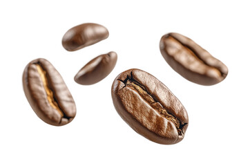 Floating roasted coffee beans isolated in mid-air, realistic brown aromatic coffee grains concept for drinks, cafe, and brewing design on transparent background