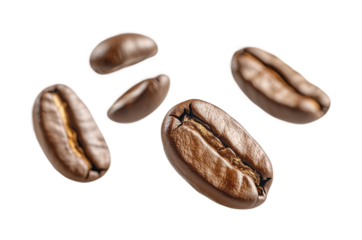 Floating roasted coffee beans isolated in mid-air, realistic brown aromatic coffee grains concept for drinks, cafe, and brewing design on transparent background