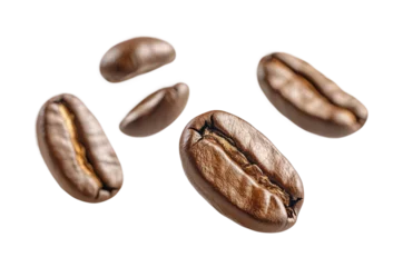 Keuken foto achterwand Floating roasted coffee beans isolated in mid-air, realistic brown aromatic coffee grains concept for drinks, cafe, and brewing design on transparent background ©  Dreamy Shots