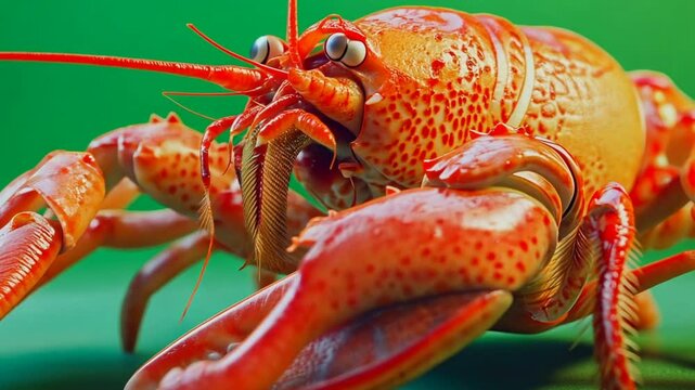 Close-Up on a Striking Lobster: A vibrant, red-orange lobster with prominent claws and antennae, captured in a close-up shot against a vivid green background.