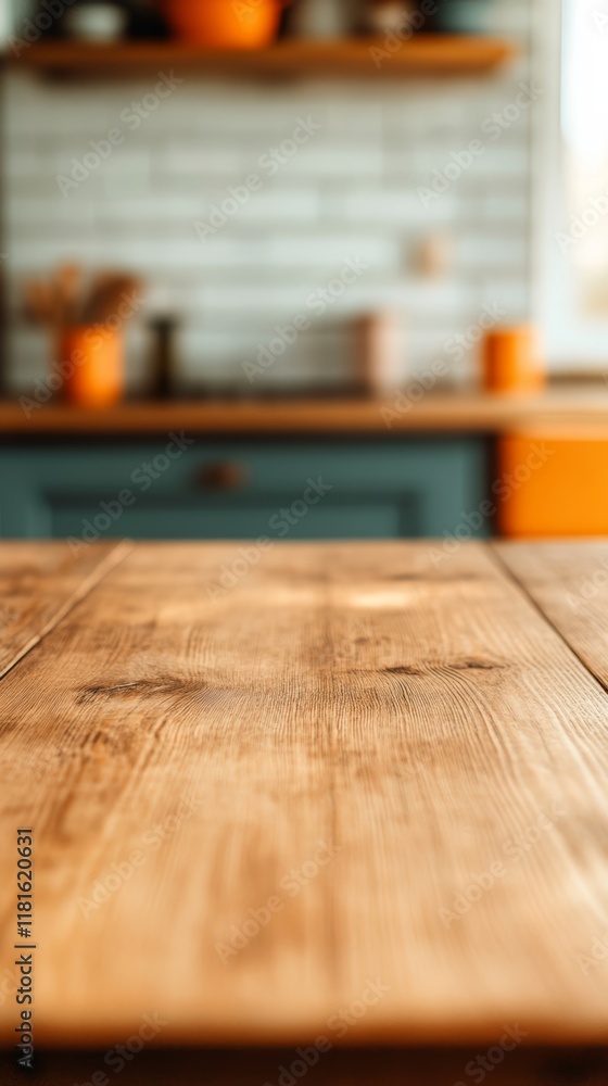 Aufkleber Wooden table providing ample copy space, set against a blurred backdrop of a modern kitchen with orange and teal cabinets, creating a warm and inviting atmosphere for culinary displays
