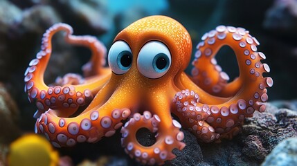 A vibrant, animated orange octopus with large, expressive eyes playfully exploring a colorful underwater world.