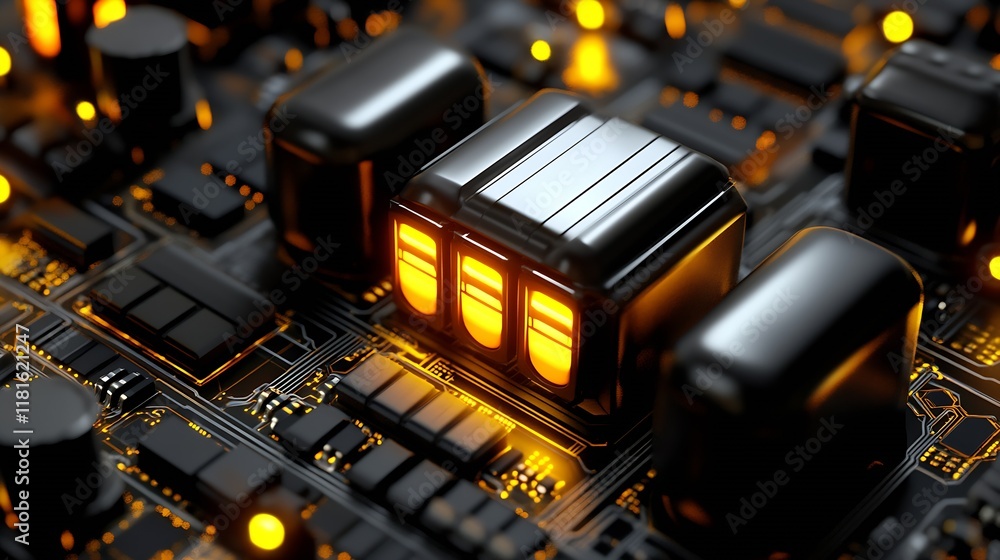 Poster Futuristic Circuit Board with Luminous LEDs and Detailed Components : Generative AI