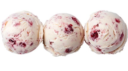 Three scoops of creamy raspberry ice cream, each with visible chunks of fresh raspberries