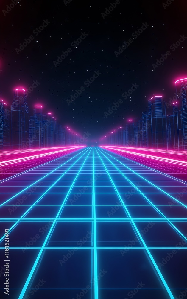 Aufkleber neon lit cyber highway through city under stars with futuristic glow : generative ai