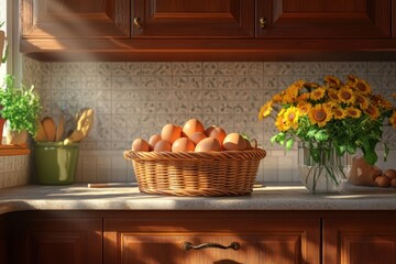 A sun-drenched cozy country kitchen scene showcases a rustic woven basket brimming with fresh, brown eggs, embodying a wholesome rural lifestyle and nutritious meal preparation Natural light streams