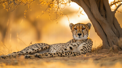 暑い日差しの中、木陰で休むチーターと広がるサバンナの静寂