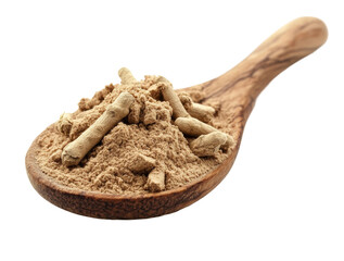 Powder and roots on wooden spoon, natural herbal supplement concept, healthy alternative medicine or spice ingredient for cooking and wellness isolated on transparent background