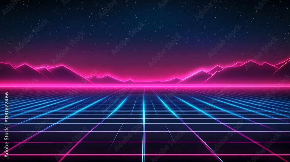 Aufkleber neon abstract futuristic landscape with grid and mountains in retro style : generative ai