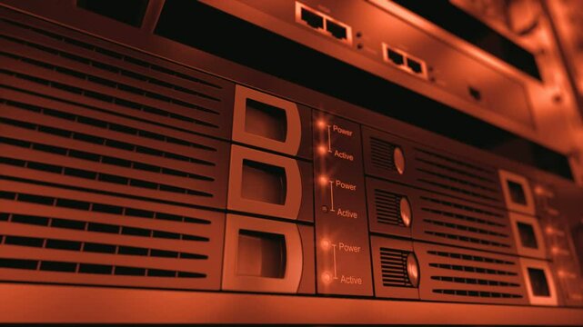 Dta servers while working. LED lights are flashing. Video can represent cloud computing, information storage, etc. Perfect technology background. Loopable.
