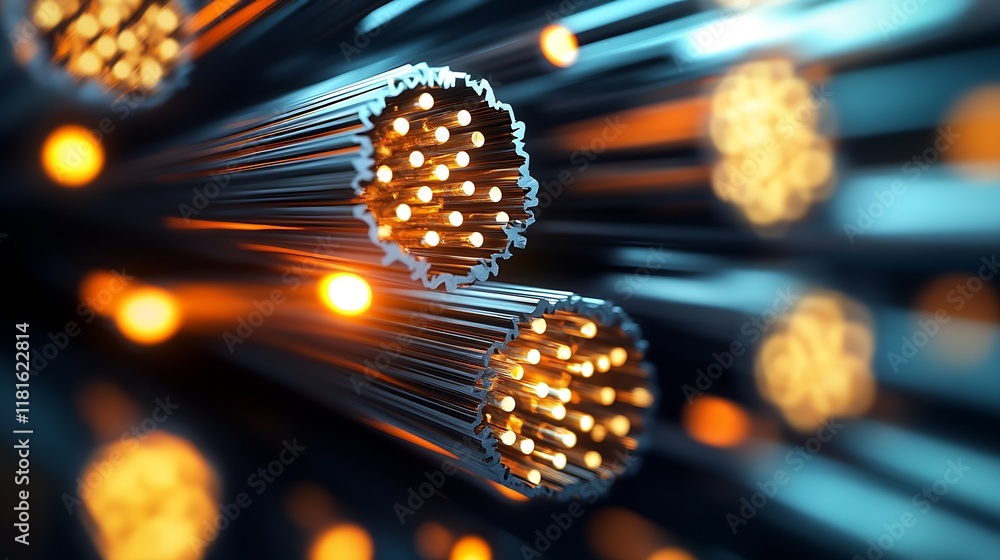 Aufkleber futuristic fiber optics close-up image of glowing cables in technology network : generative ai