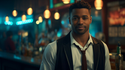 Fototapeta premium Night bar with bartender in vest and tie, blurred background and soft lighting add atmosphere