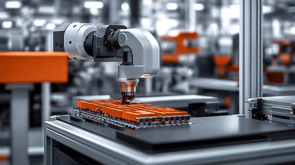 Fototapeta premium Industrial Robot Arm Performing Precision Task in Modern Factory Setting : Generative AI