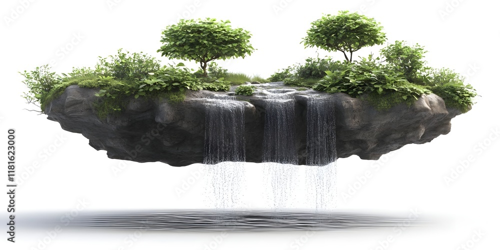 Poster a floating island with trees and a waterfall, symbolizing nature and tranquility.